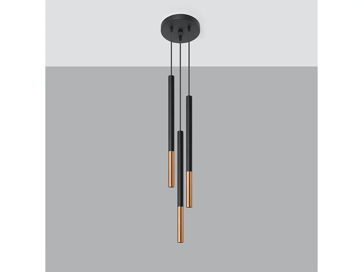 Luminárias pendentes Flar moderno, aço - 3 fontes de luz 3000K - L.20 x H.90 cm - preto/cobre