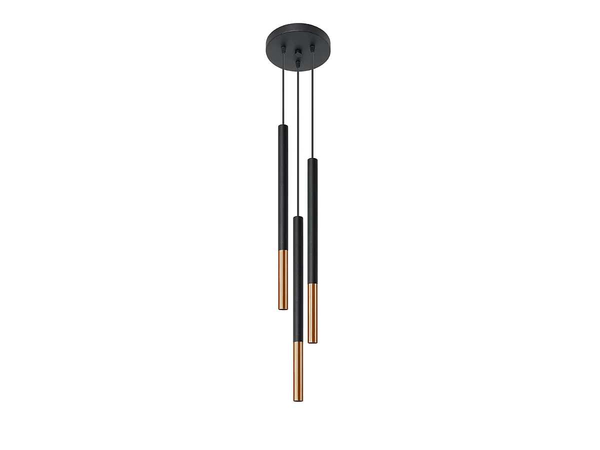 Luminárias pendentes Flar moderno, aço - 3 fontes de luz 3000K - L.20 x H.90 cm - preto/cobre