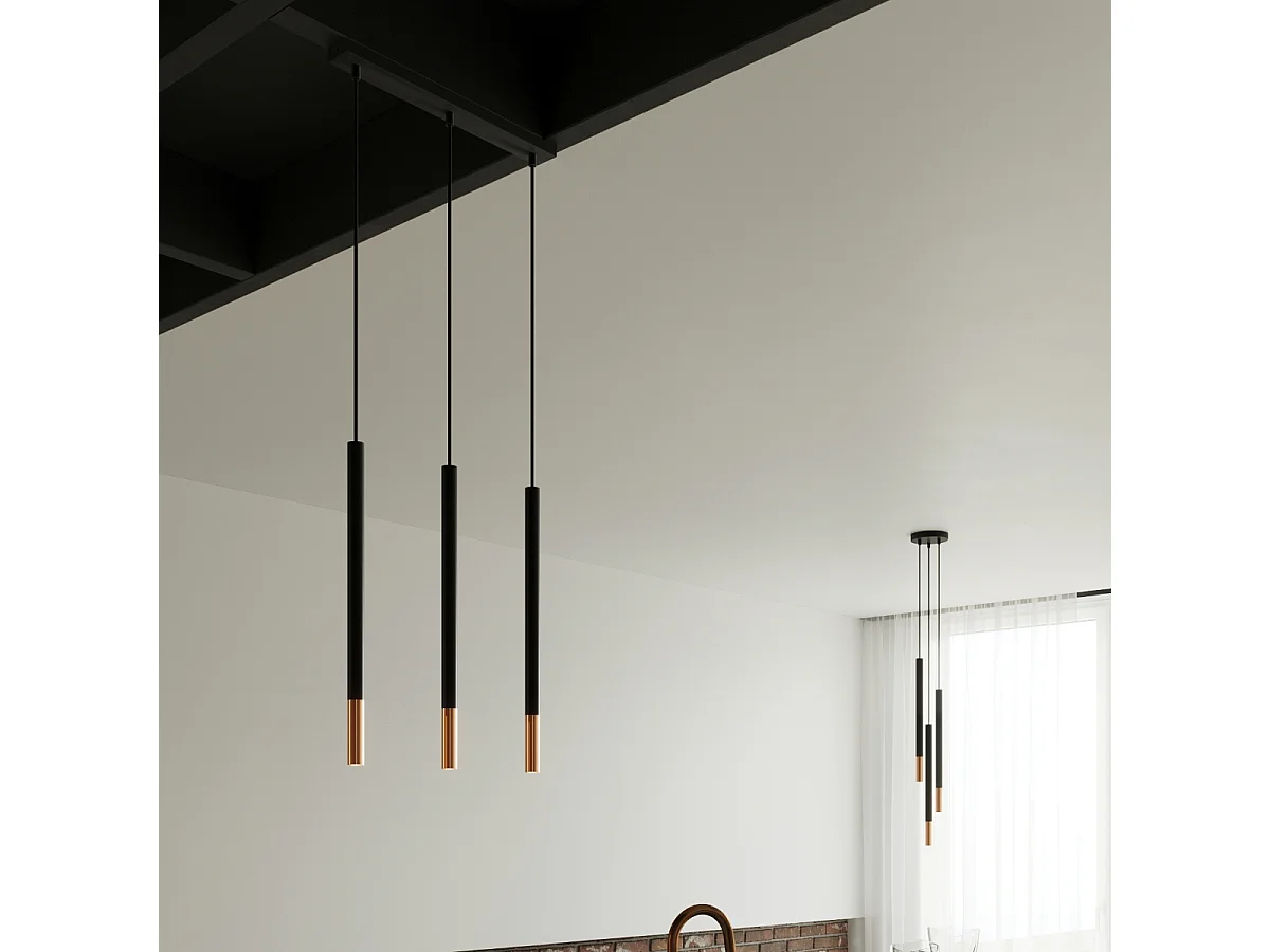 Luminárias pendentes Flar moderno, aço - 3 fontes de luz 3000K - L.20 x H.90 cm - preto/cobre
