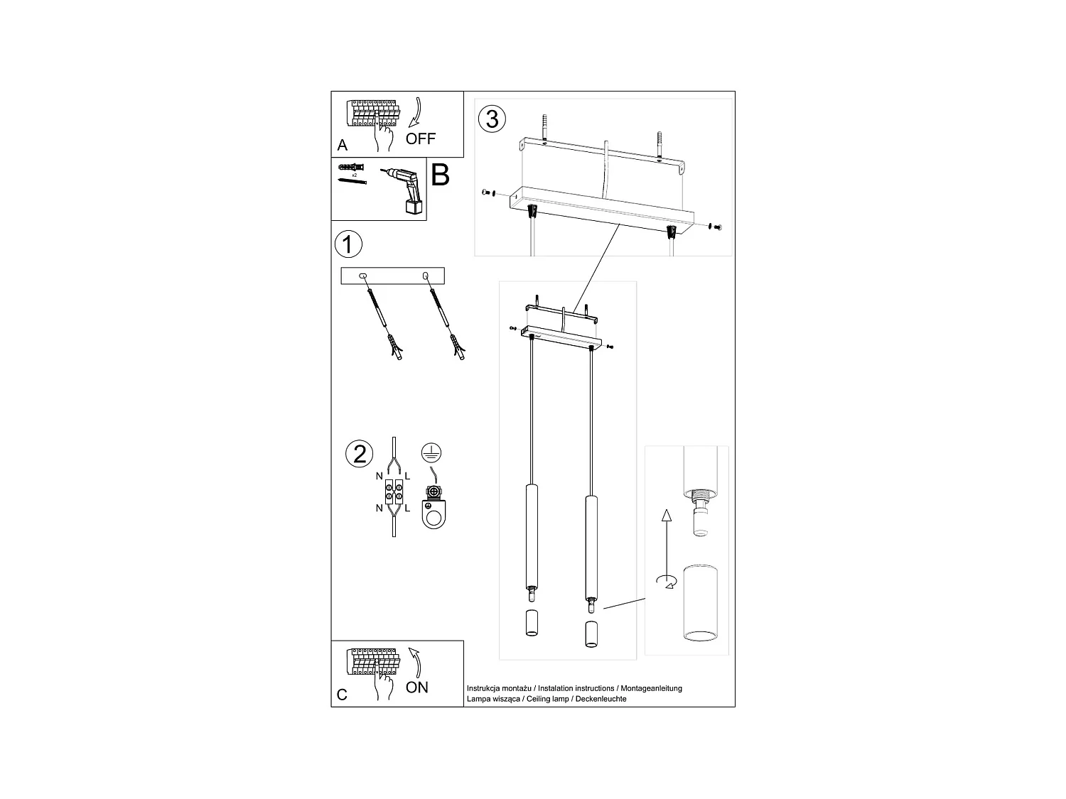 Lampes suspendues Eclim moderne en acier/verre - 2 sources lumineuses 4000K - L.30 x H.120 cm - noir