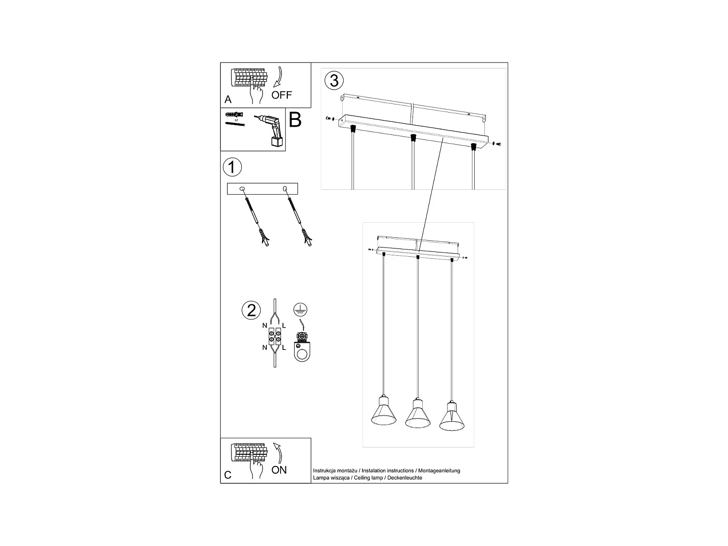 Hanglampen Zylata modern van  - 3 lichtbronnen 4000K - L.45 x H.120 cm - zwart