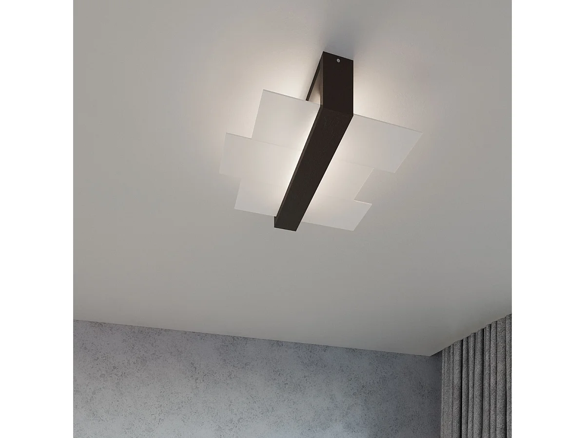 Plafonniers Ignis scandinave en bois/verre - 2 sources lumineuses 4000K - L.43 x H.12 cm - wengé