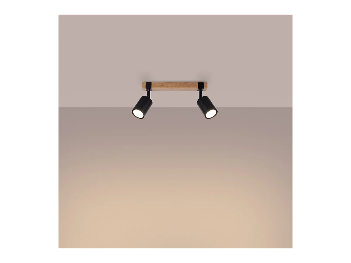 Plafony skandynawski Zynelix, stal/naturalne drewno - 2 źródło światła 4000K - L.38 x H.17.2 cm - czarny/naturalne drewno