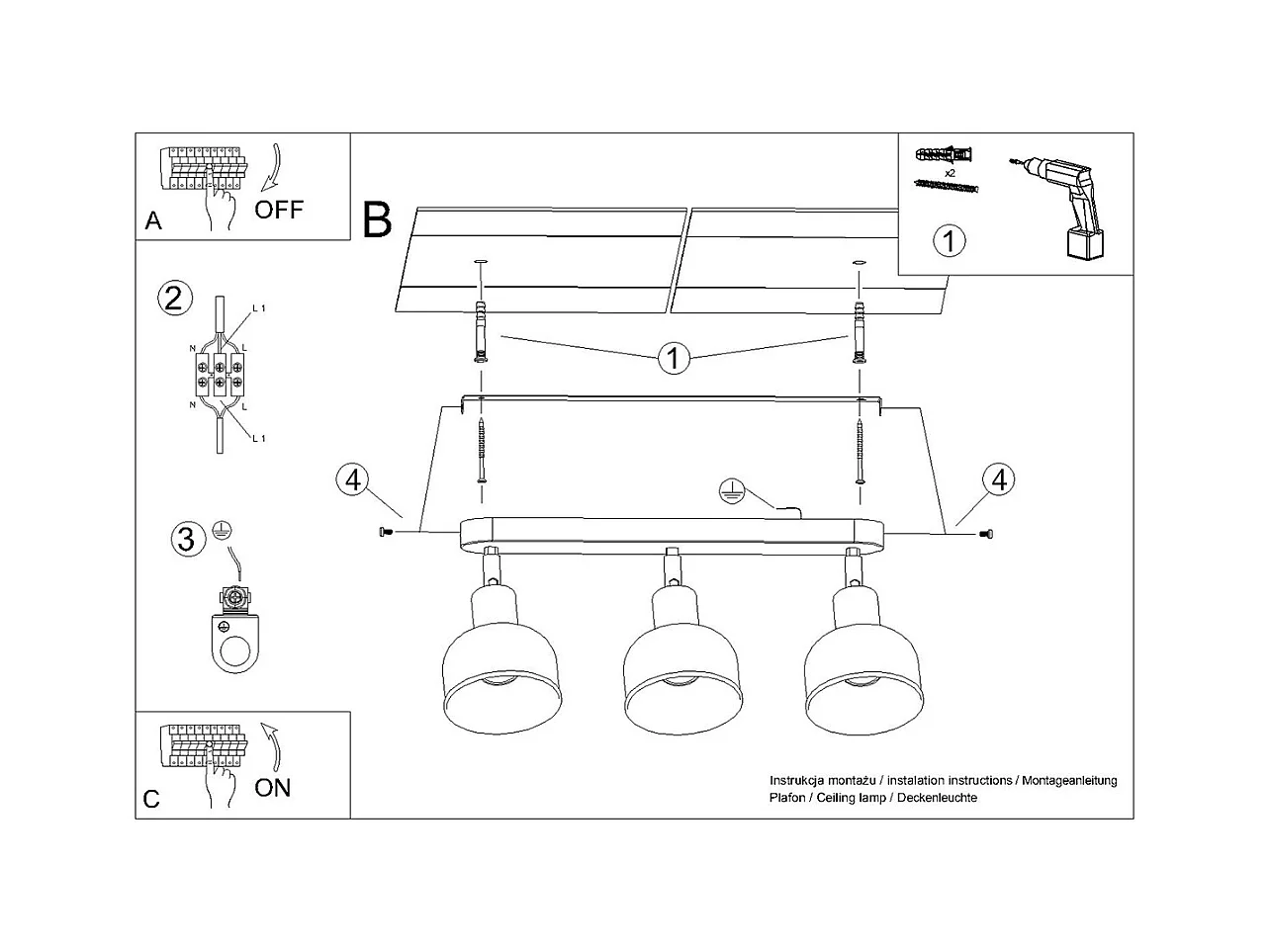 Luminárias de teto Zenda sótão, aço - 3 fontes de luz 4000K - L.59 x H.18.5 cm - preto
