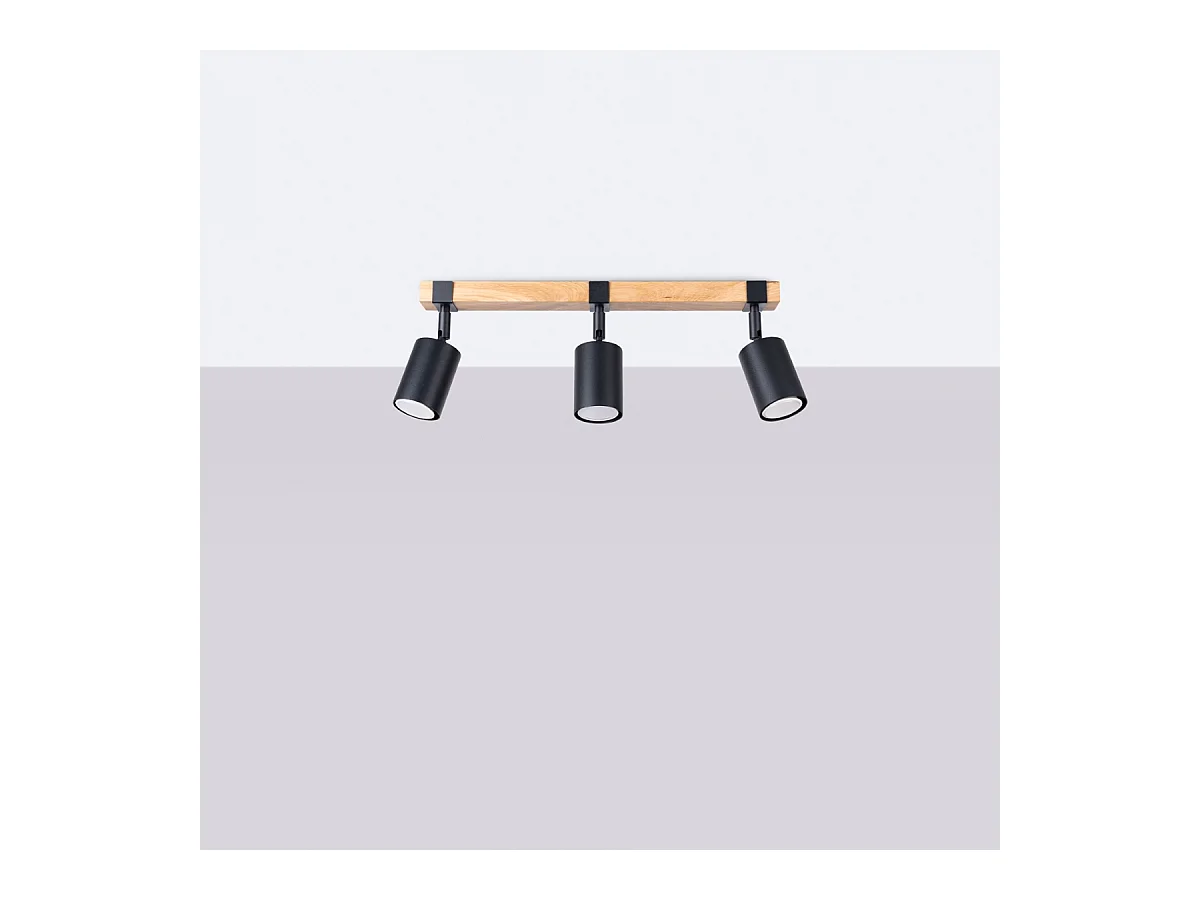 Plafonnier Zynelix scandinave en acier/bois naturel - 3 sources lumineuses 4000K - L.54 x H.17,2 cm - noir/bois naturel