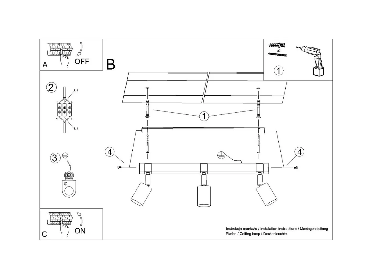 Plafonnier Zynelix scandinave en acier/bois naturel - 3 sources lumineuses 4000K - L.54 x H.17,2 cm - noir/bois naturel