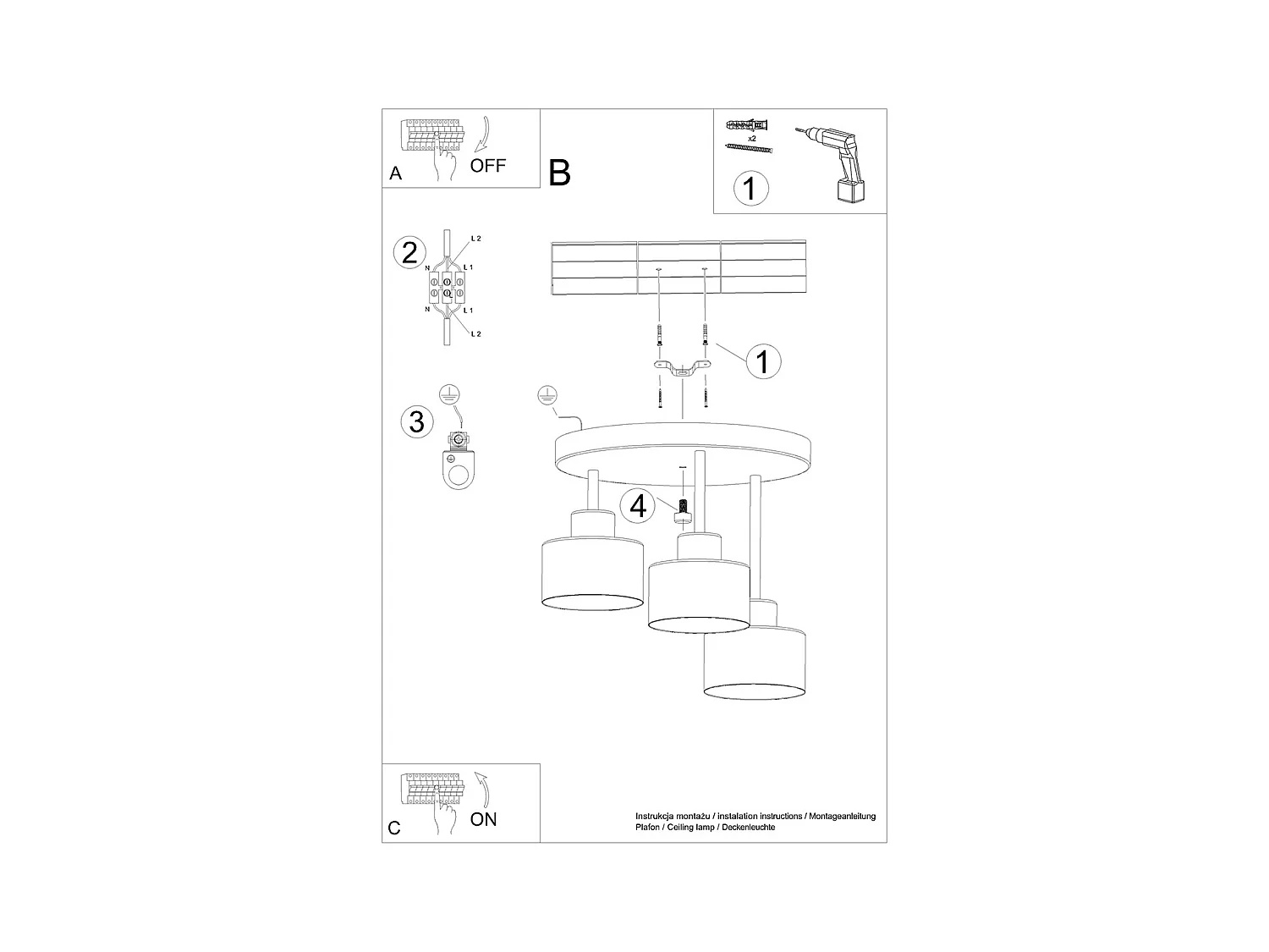 Plafondlampen Zavros modern van  - 3 lichtbronnen 3000K - L.32 x H.29 cm - zwart