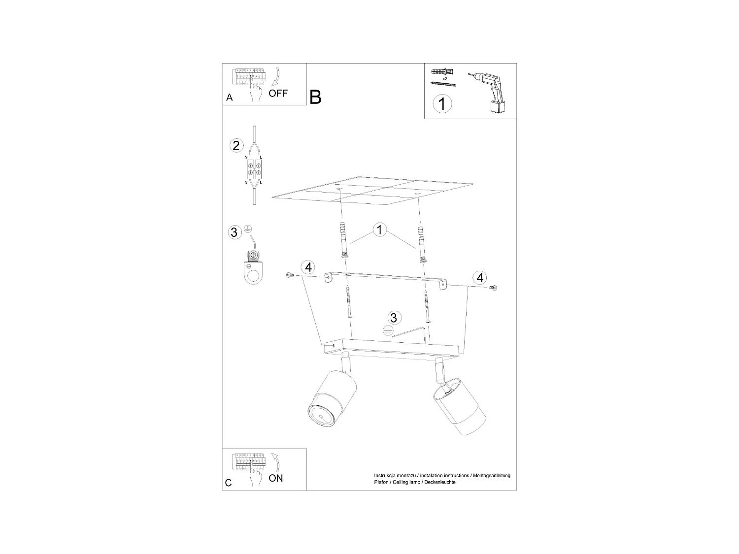 Plafonniers Alvor moderne en acier - 2 sources lumineuses 4000K - L.30 x H.18 cm - or noir