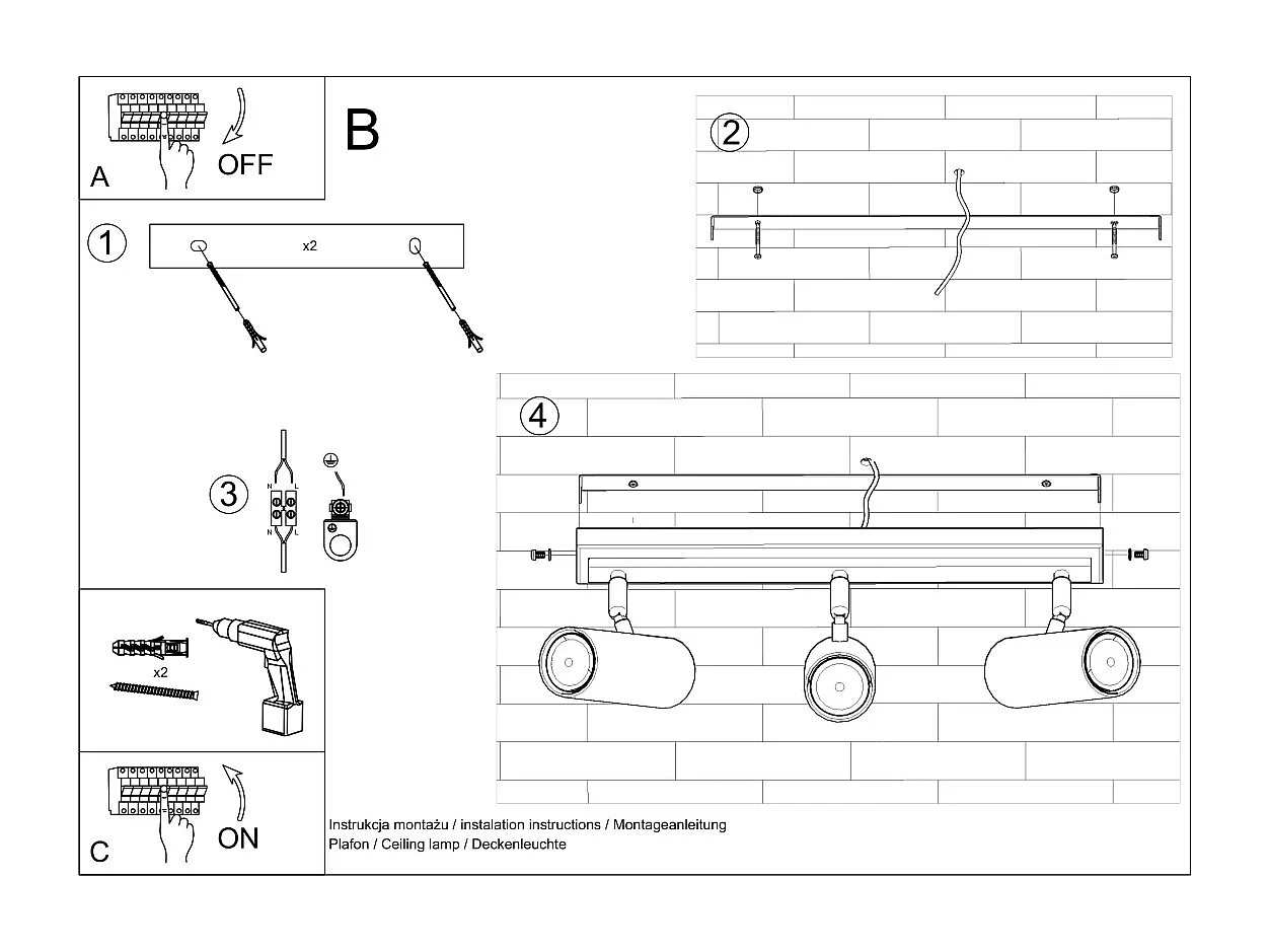 Plafonniers Invicta moderne en acier - 3 sources lumineuses 4000K - L.45 x H.20 cm - noir