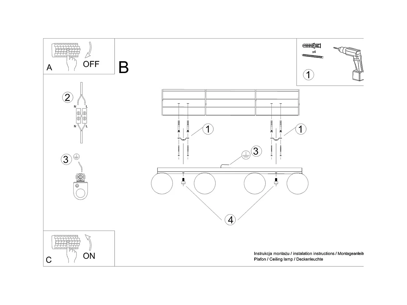 Plafony nowoczesny Zynfi, stal/szkło - 4 źródło światła 3000K - L.88 x H.14.5 cm - czarny