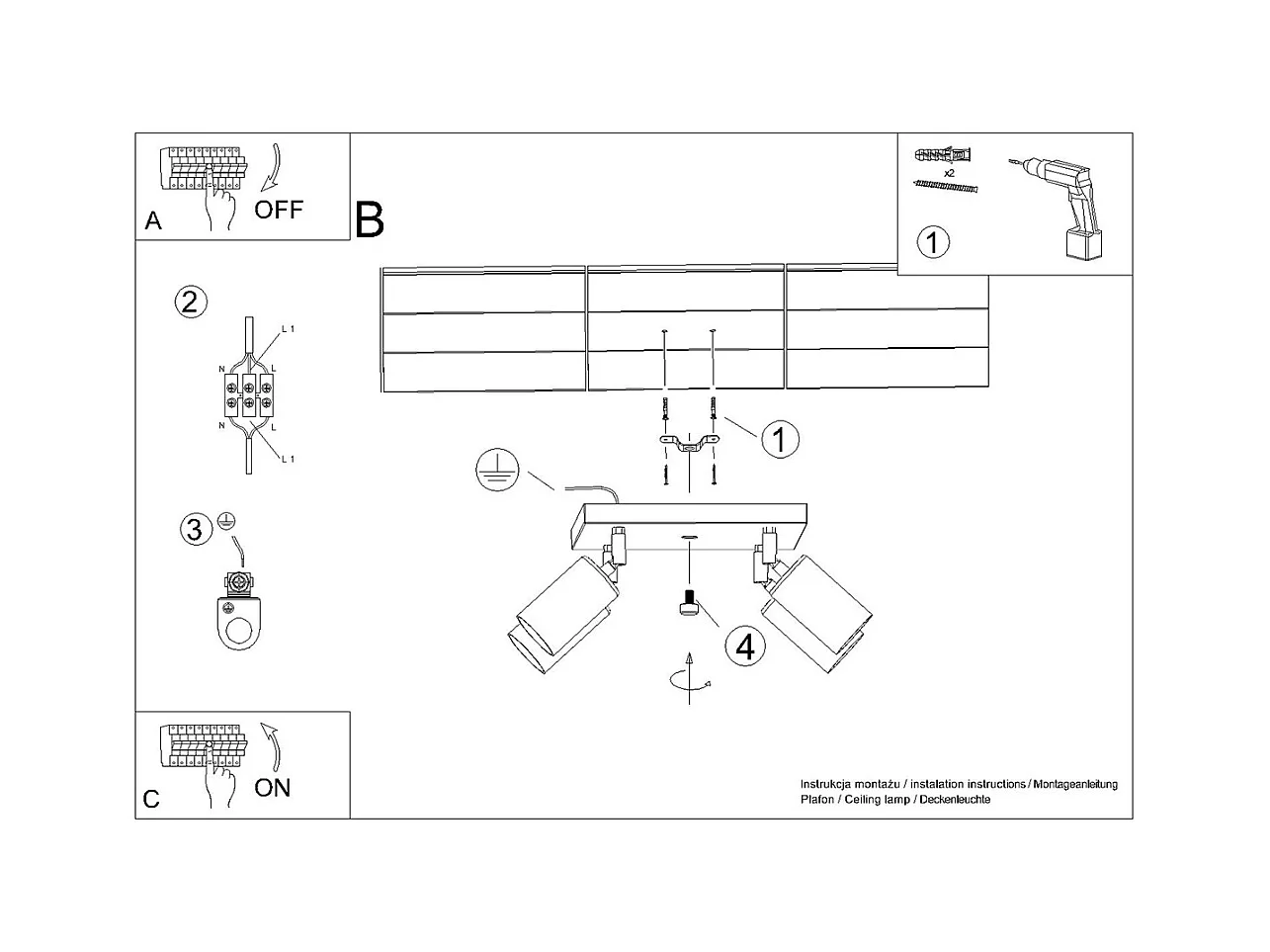 Luminárias de teto Glois moderno, aço - 4 fontes de luz 3000K - L.25 x H.19 cm - ouro Preto