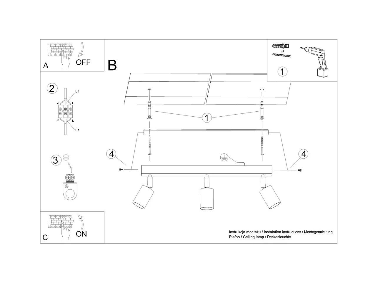 Lampade da soffitto Flare moderno di acciaio/legno - 3 sorgenti luminose 4000K - L.61 x A.17,5 cm - legno nero