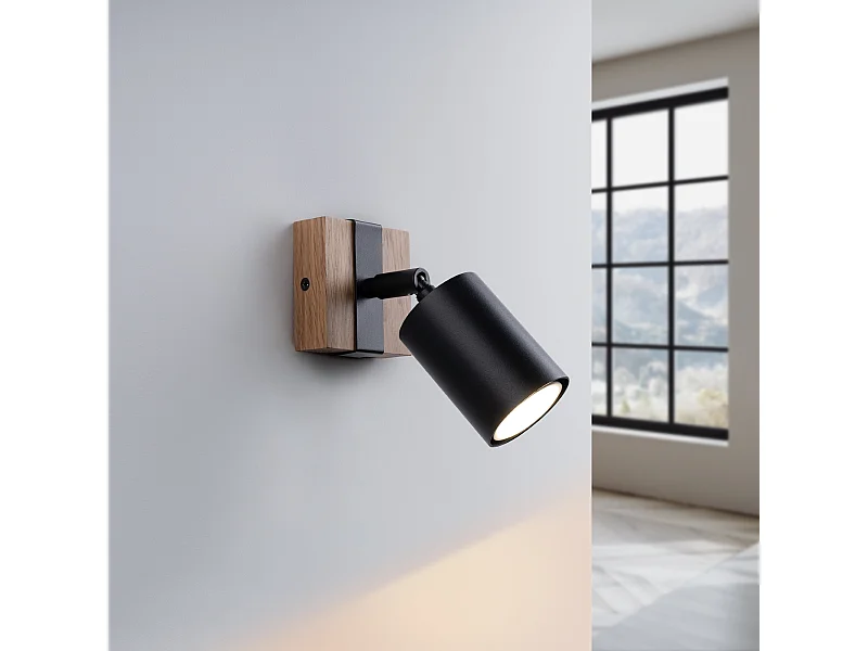 Plafonnier Zynelix scandinave en acier/bois naturel - 1 sources lumineuses 3000K - L.8 x H.13 cm - noir/bois naturel