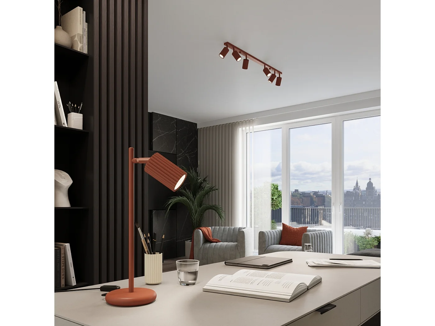 Plafonnier Gloow minimaliste en aluminium - 4 sources lumineuses 4000K - L.81 x H.16,5 cm - ocre rouge