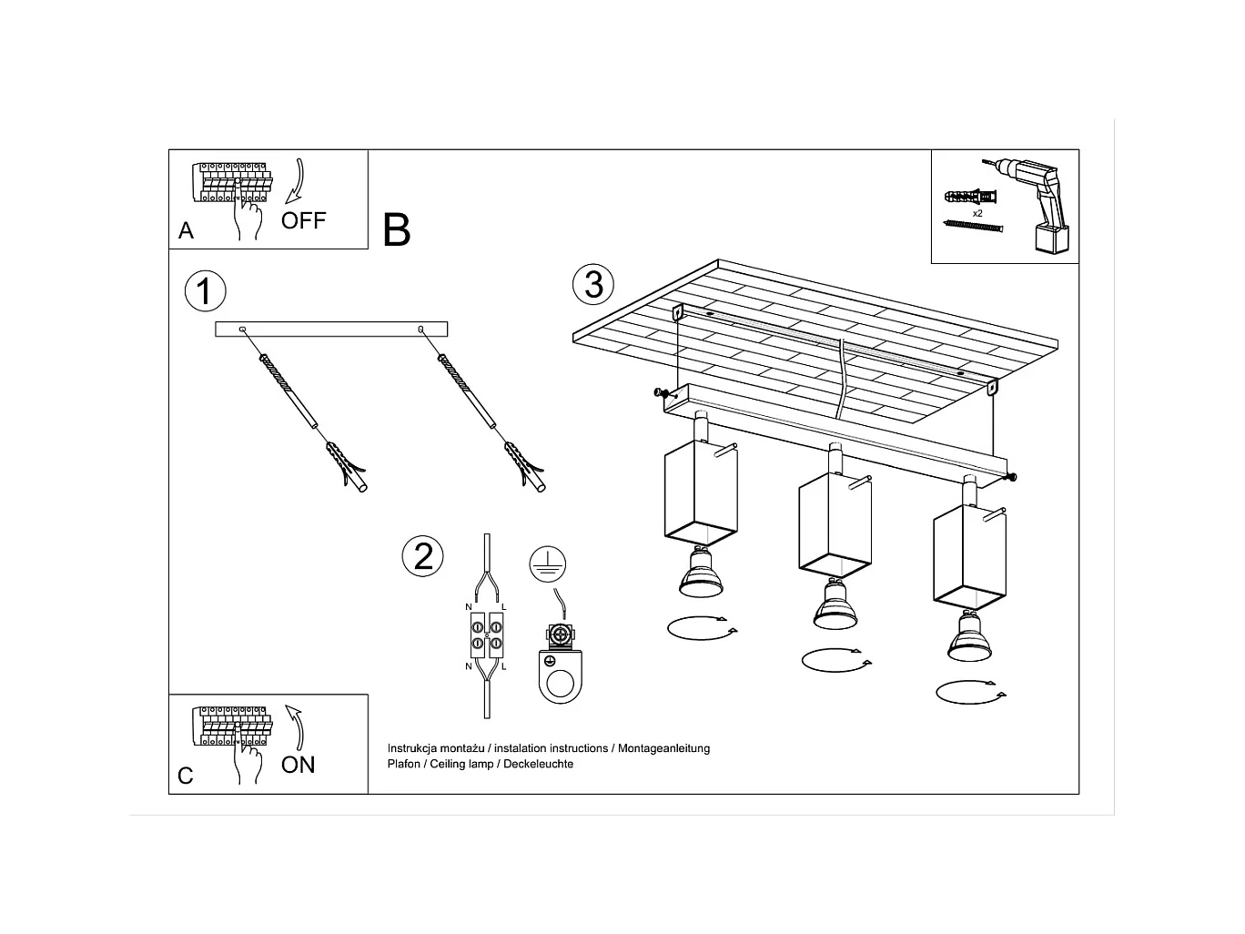 Plafonniers Briow moderne en acier - 3 sources lumineuses 4000K - L.45 x H.16 cm - gris