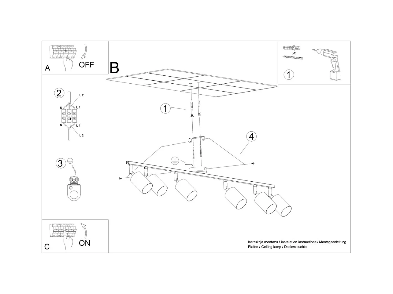 Plafondlampen Torim modern van  - 6 lichtbronnen 4000K - L.135 x H.20 cm - zwart