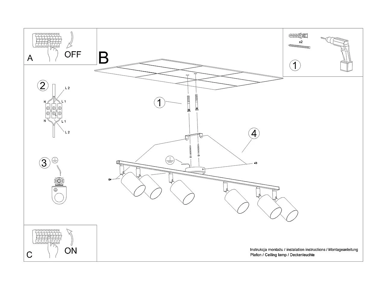 Plafonniers Torim moderne en acier - 6 sources lumineuses 4000K - L.135 x H.20 cm - noir
