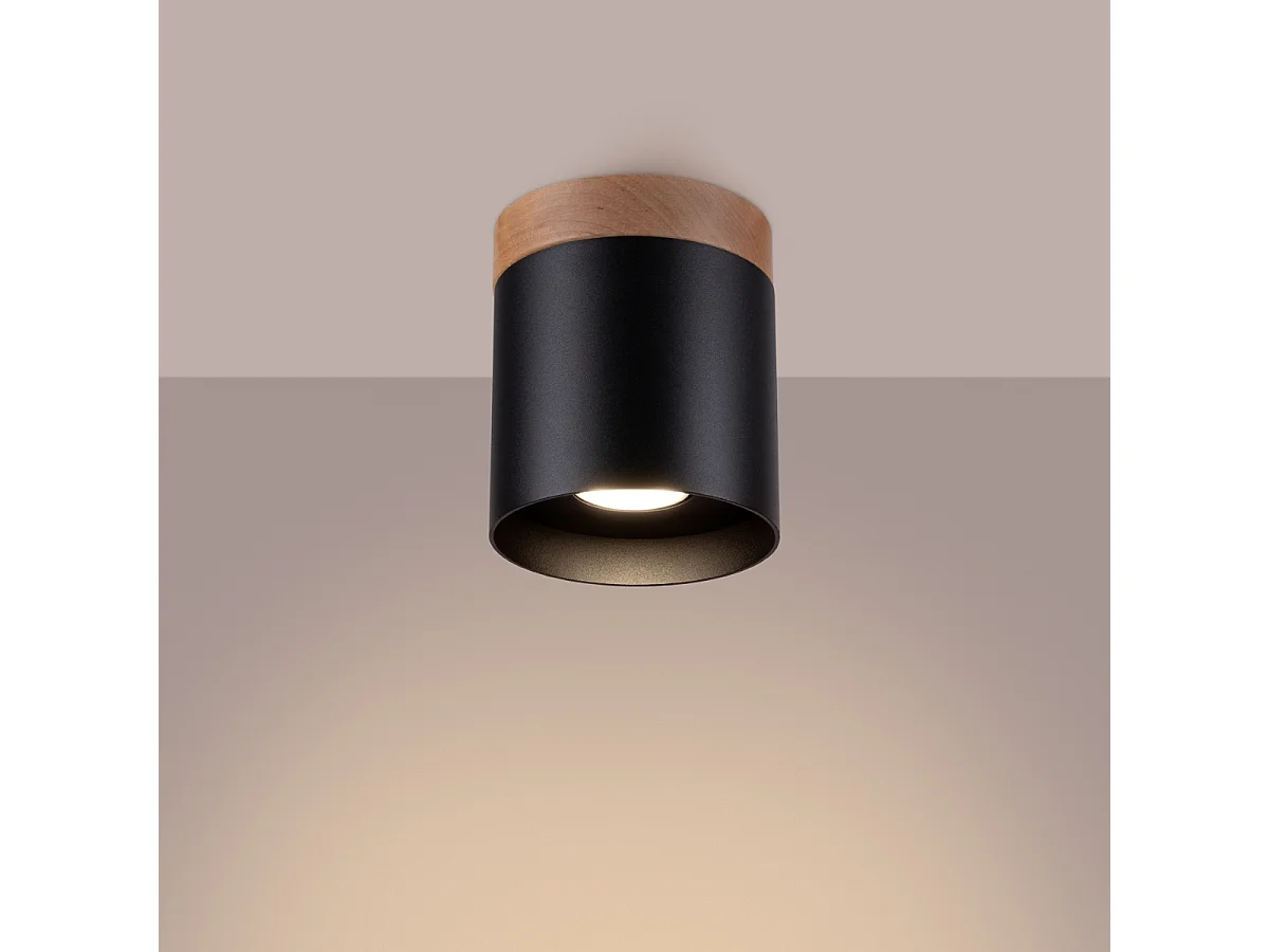Plafonnier Zyn scandinave en bois/aluminium - 1 sources lumineuses 3000K - L.12 x H.14 cm - noir/bois naturel
