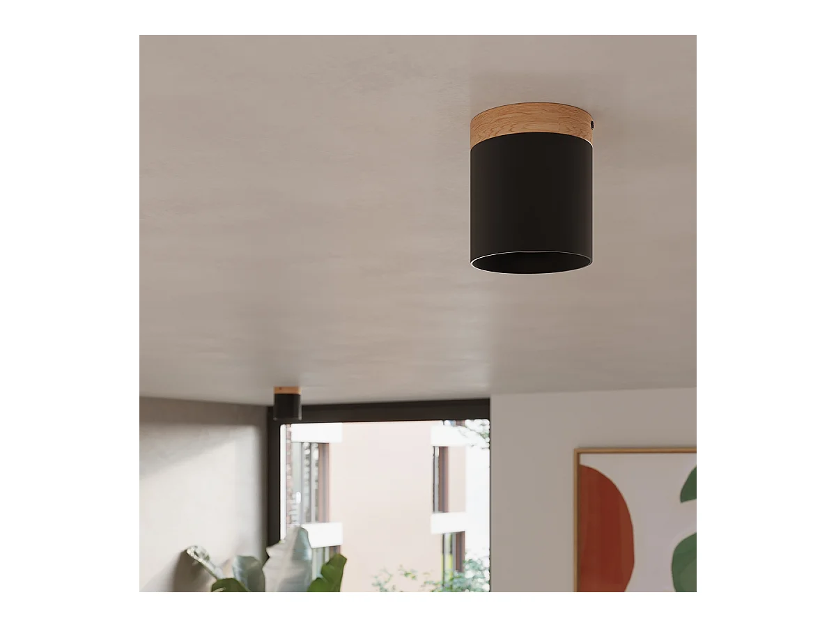 Plafonnier Zyn scandinave en bois/aluminium - 1 sources lumineuses 3000K - L.12 x H.14 cm - noir/bois naturel