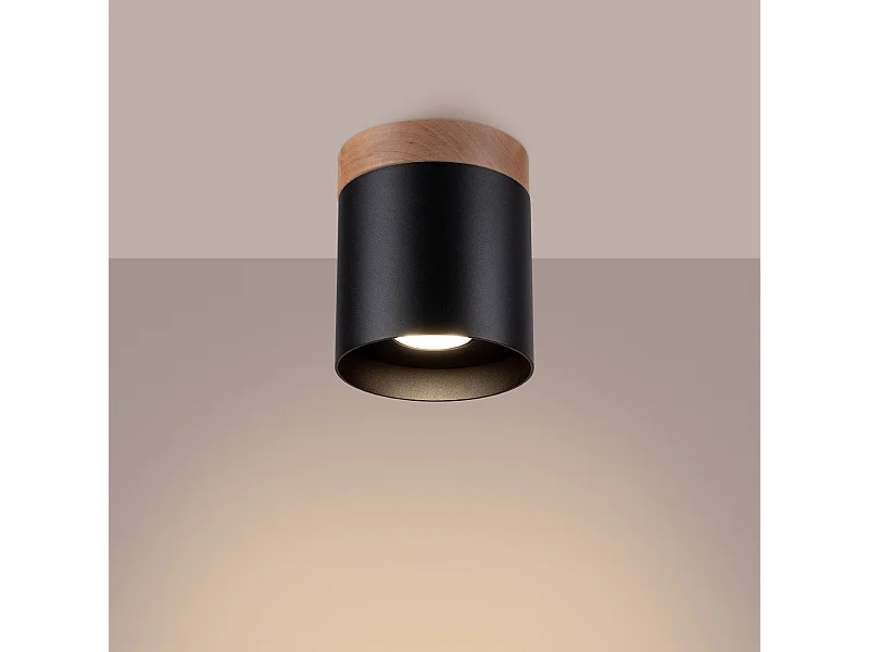 Plafonnier Zyn scandinave en bois/aluminium - 1 sources lumineuses 3000K - L.12 x H.14 cm - noir/bois naturel