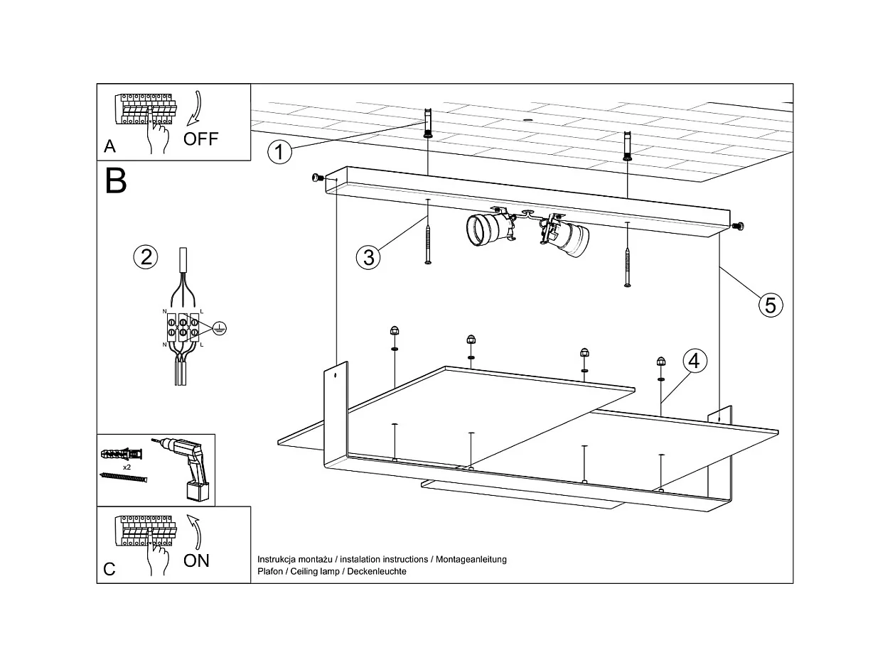 Plafonniers Verre moderne en acier/verre - 2 sources lumineuses 4000K - L.65 x H.11 cm - blanc