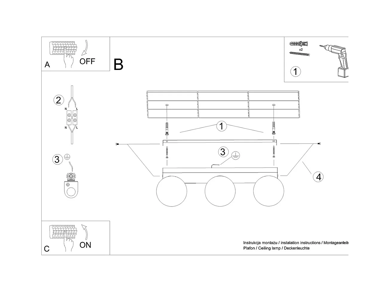 Plafonniers Zynfi moderne en acier/verre - 3 sources lumineuses 3000K - L.50 x H.14,5 cm - noir