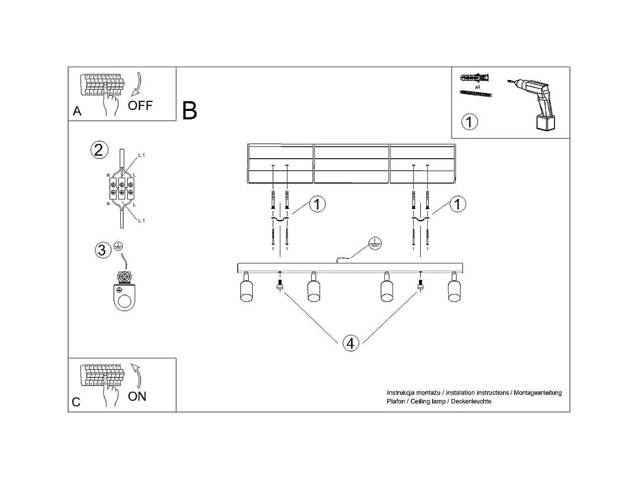 Plafondlampen Glois modern van  - 4 lichtbronnen 4000K - L.82 x H.18,5 cm - zwart goud