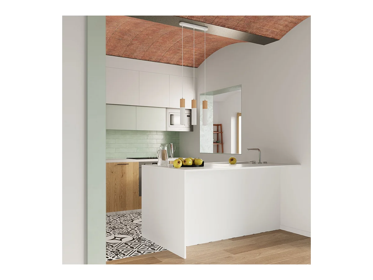 Plafony nowoczesny Poblano, stal/drewno - 1 źródło światła 4000K - L.6 x H.30 cm - naturalne drewno/biały