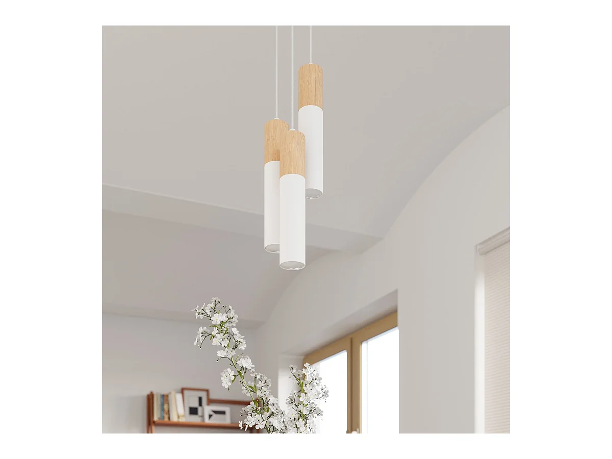 Plafony nowoczesny Poblano, stal/drewno - 1 źródło światła 4000K - L.6 x H.30 cm - naturalne drewno/biały