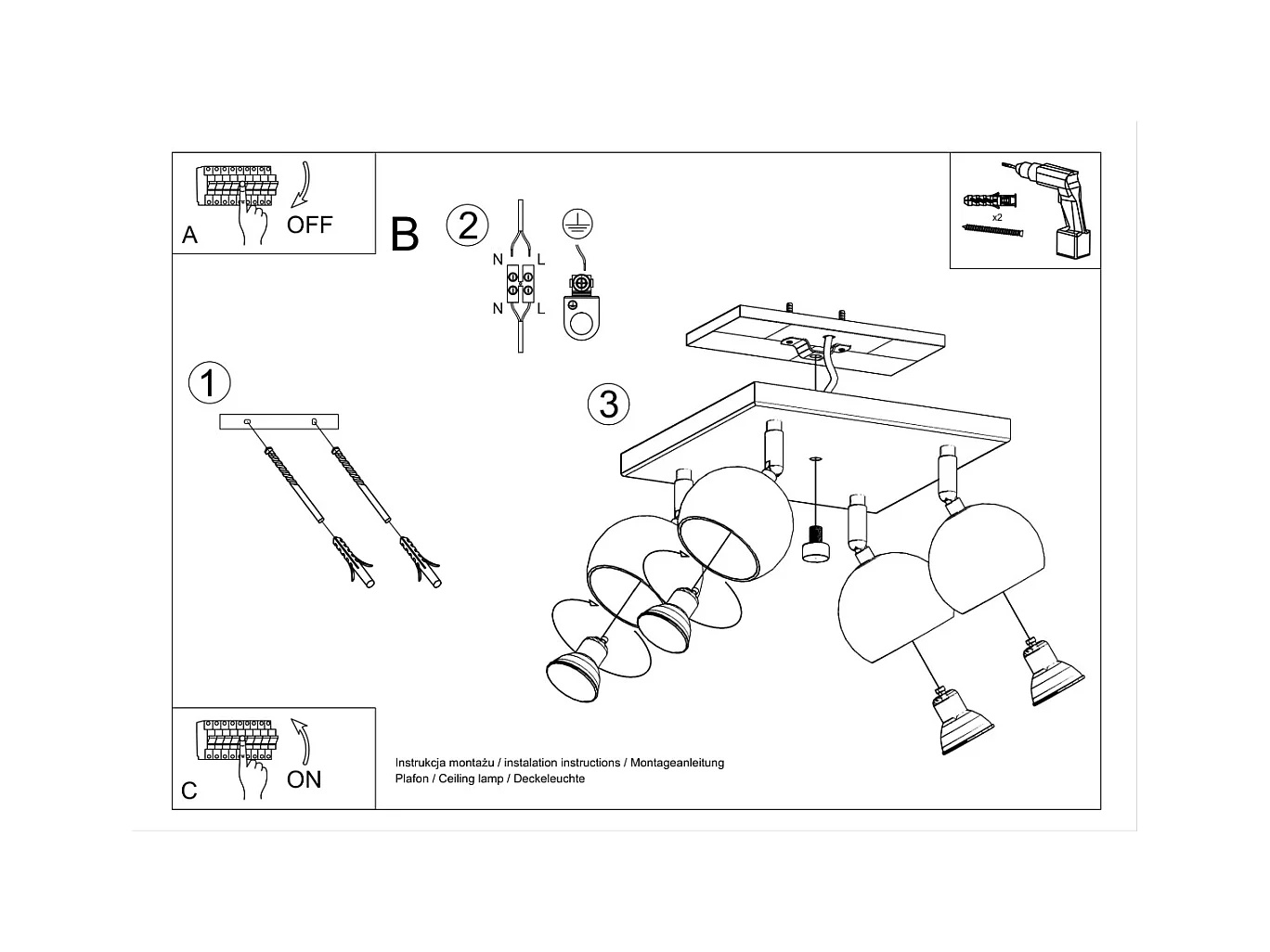 Plafondlampen Rayis modern van  - 4 lichtbronnen 4000K - L.25 x H.16 cm - zwart