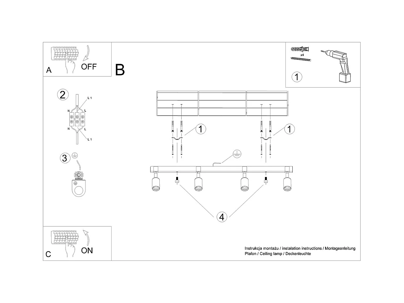 Plafondlampen Shad modern van  - 4 lichtbronnen 4000K - L.89 x H.14 cm - zwart hout