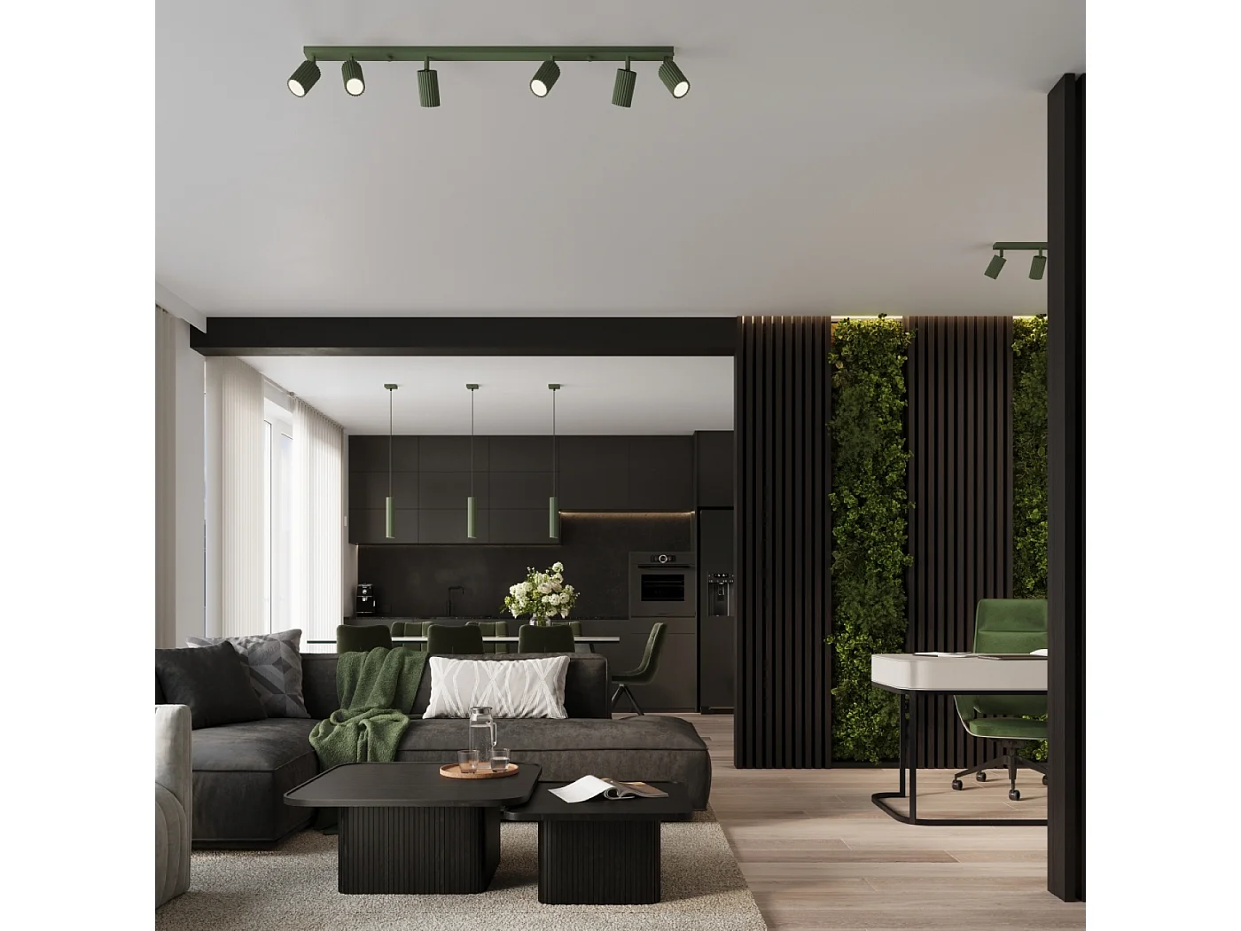 Plafonnier Gloow minimaliste en aluminium - 6 sources lumineuses 3000K - L.117 x H.16,5 cm - vert olive