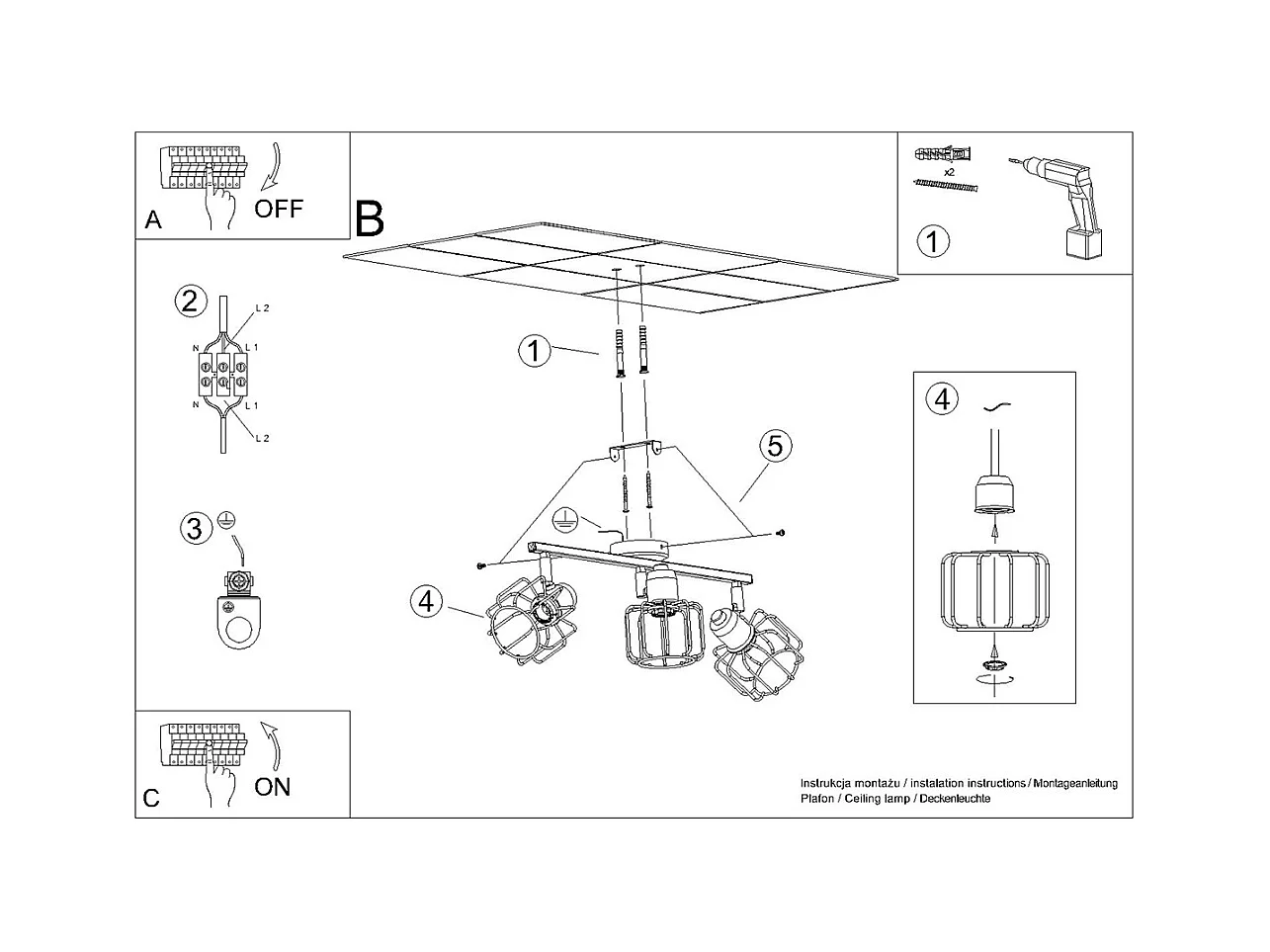 Plafondlampen Celubi modern van  - 3 lichtbronnen 4000K - L.48 x H.19 cm - zwart