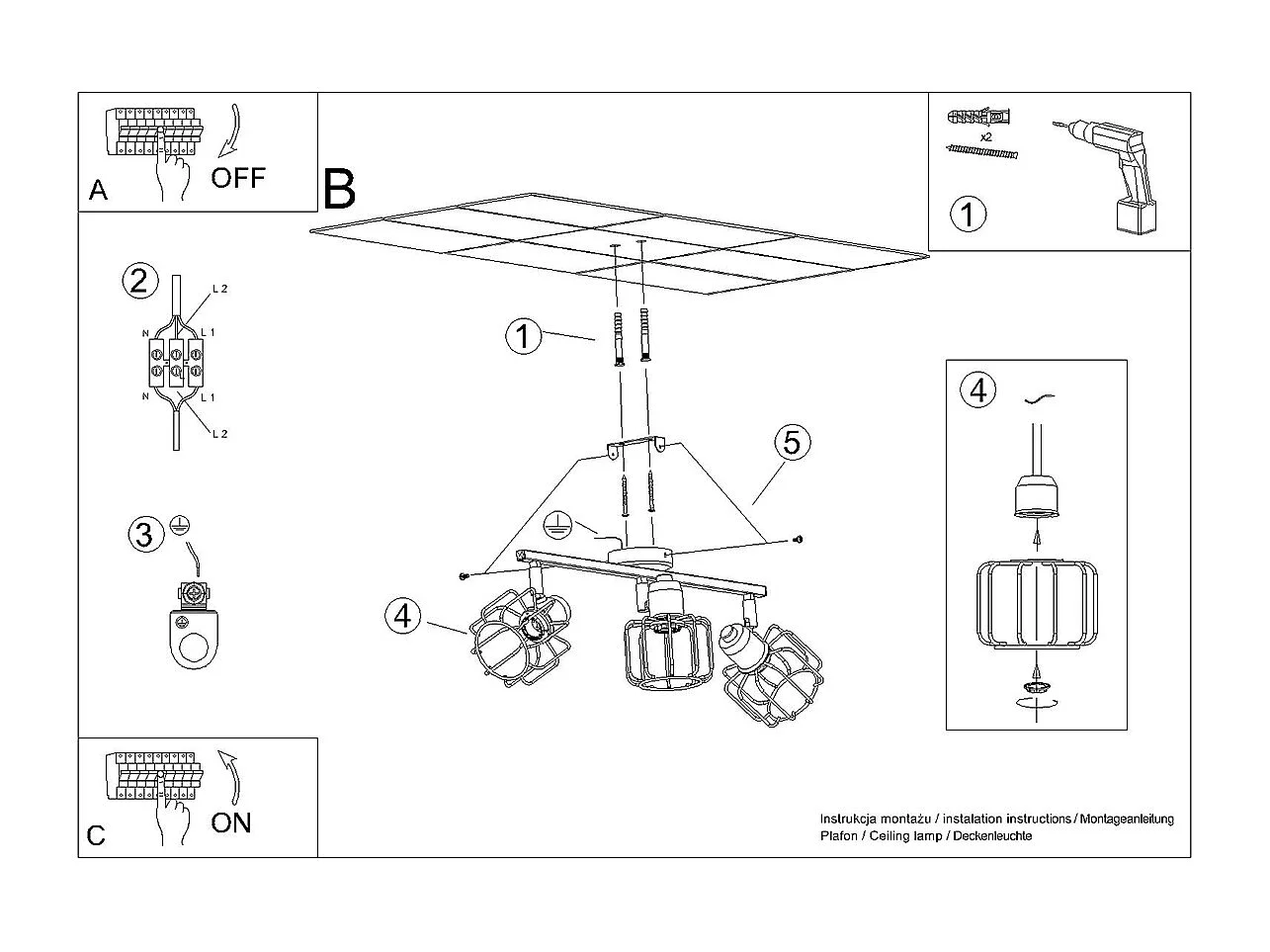 Plafondlampen Celubi modern van  - 3 lichtbronnen 4000K - L.48 x H.19 cm - zwart