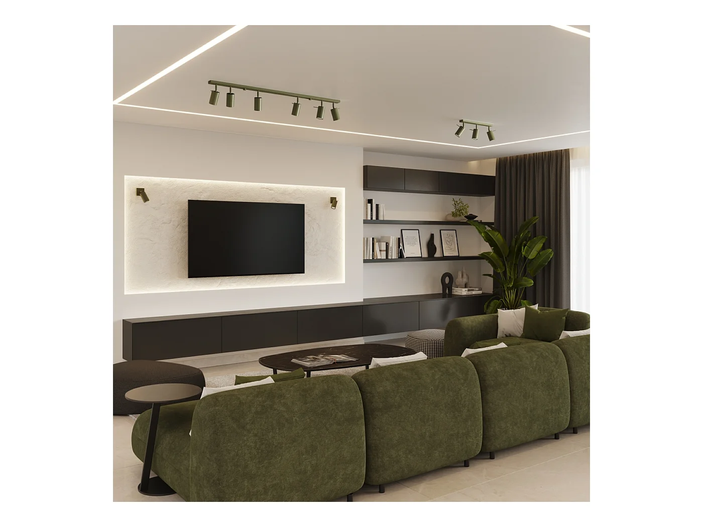 Plafonnier Briix moderne en acier - 3 sources lumineuses 4000K - L.45 x H.17 cm - vert olive