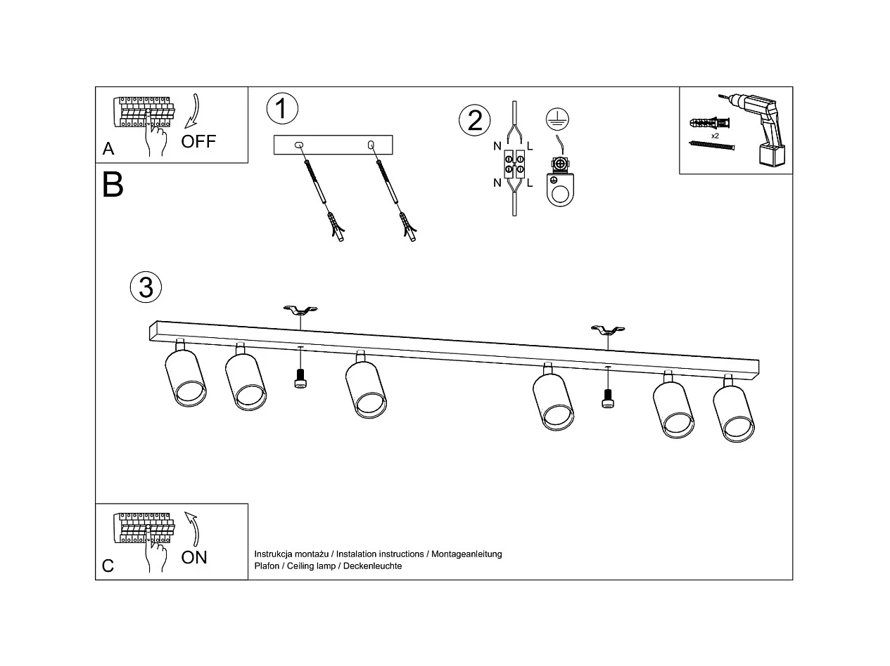 Plafonniers Vorix scandinave en bois - 6 sources lumineuses 4000K - L.120 x H.20 cm - chêne