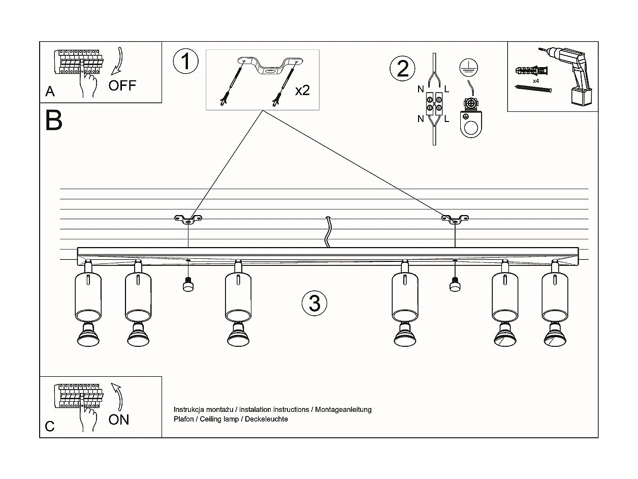 Plafony nowoczesny Briix, stal - 6 źródło światła 3000K - L.118 x H.16 cm - chrom