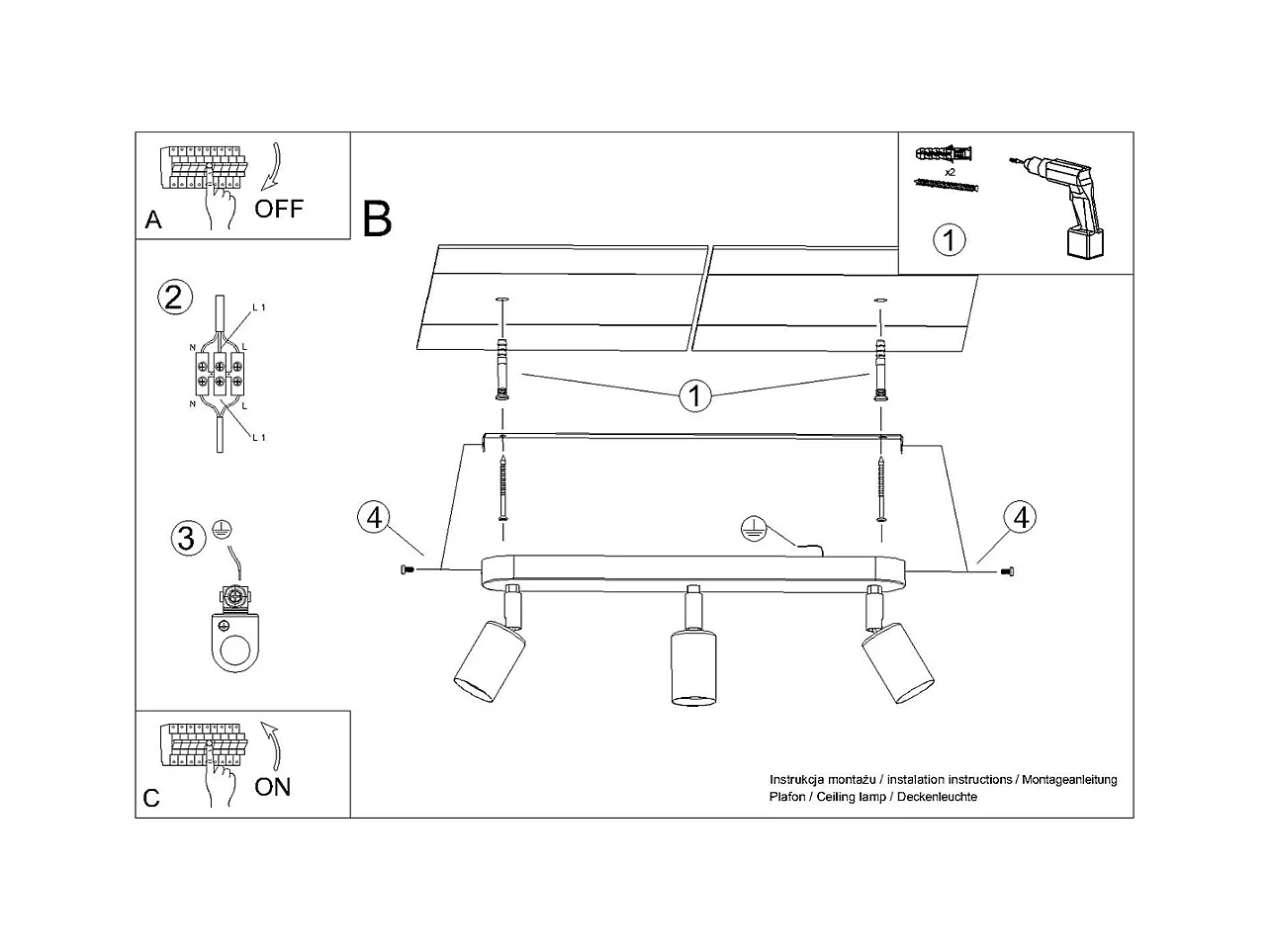 Plafondlampen Synfex minimalistisch van  - 3 lichtbronnen 4000K - L.40 x H.13,5 cm - zwart