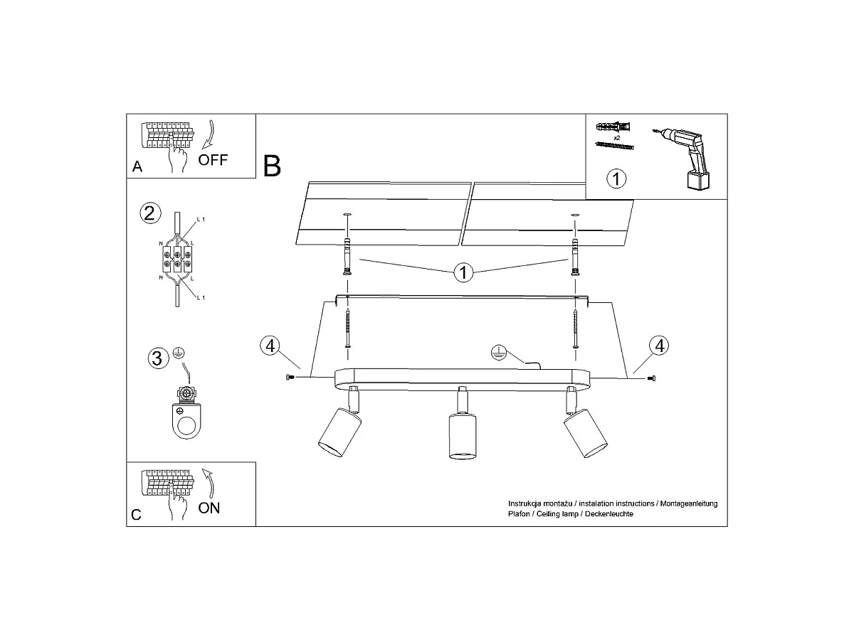 Lampade da soffitto Synfex minimalista di acciaio - 3 sorgenti luminose 4000K - L.40 x A.13,5 cm - nero