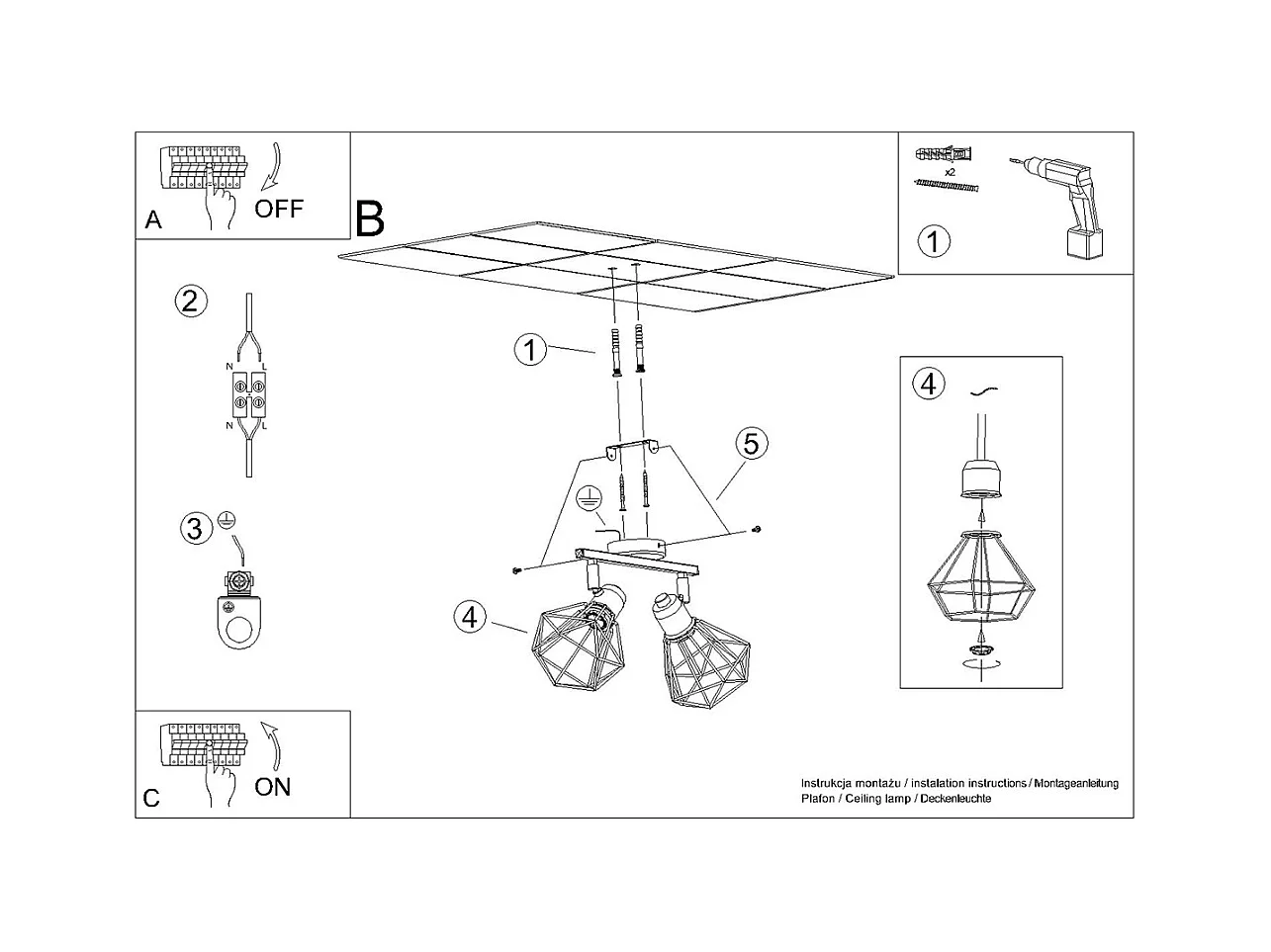 Plafondlampen Lunova modern van  - 2 lichtbronnen 4000K - L.31 x H.19 cm - zwart