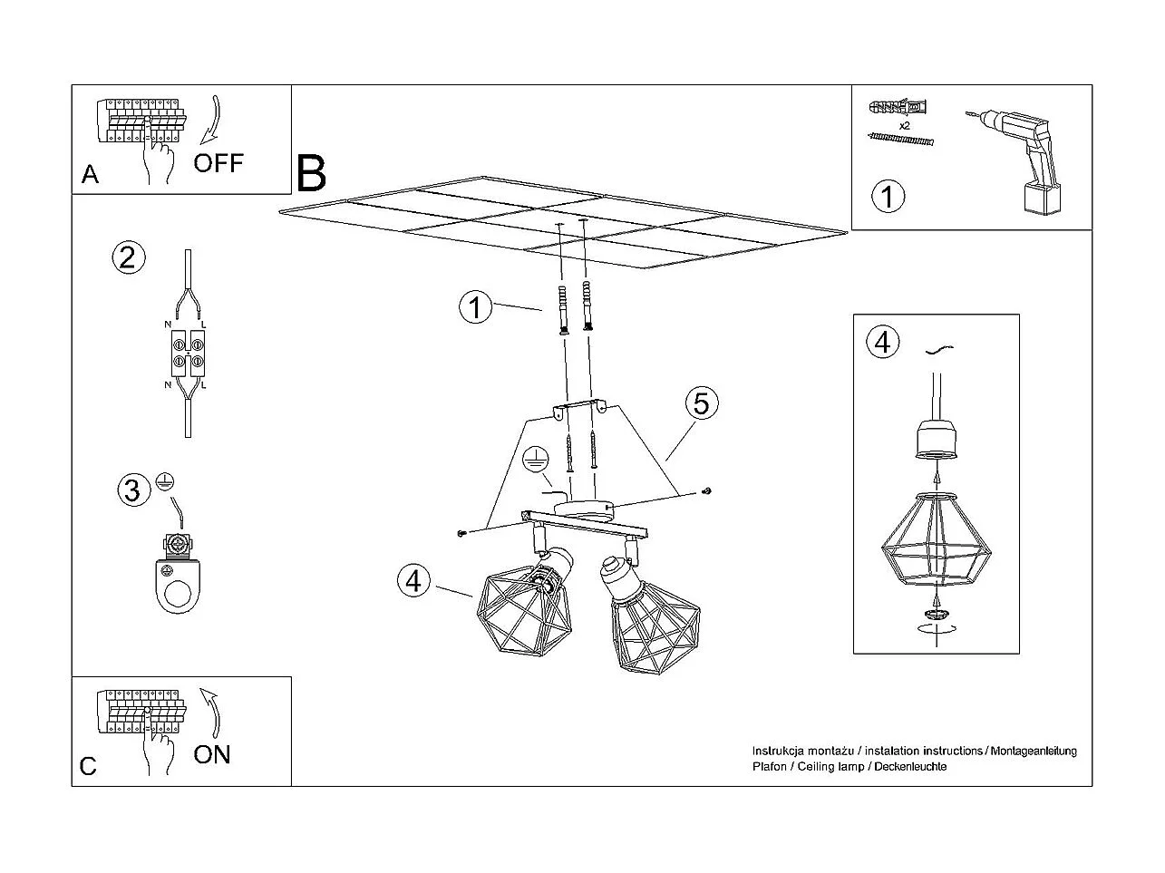 Plafonniers Lunova moderne en acier - 2 sources lumineuses 4000K - L.31 x H.19 cm - noir