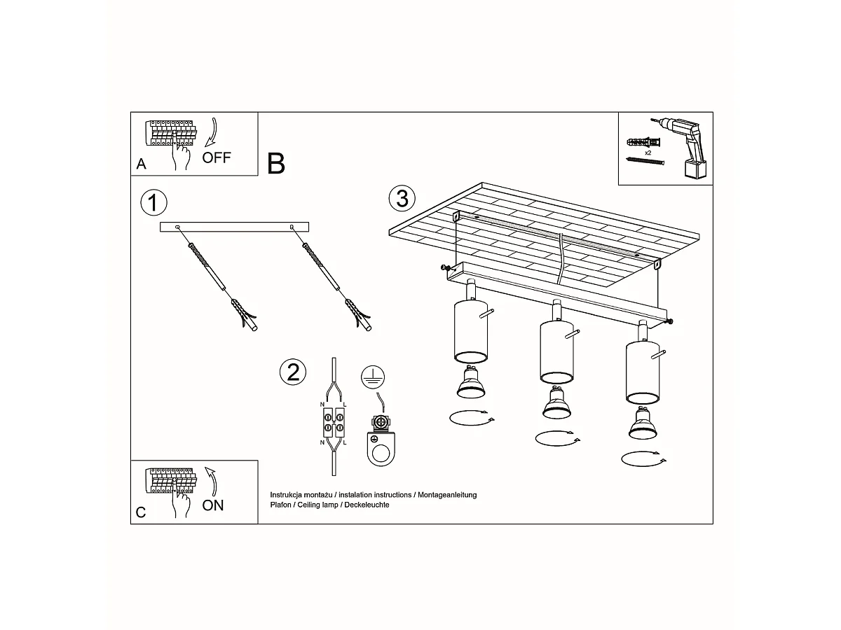 Luminárias de teto Briix moderno, aço - 3 fontes de luz 3000K - L.45 x H.16 cm - cinza