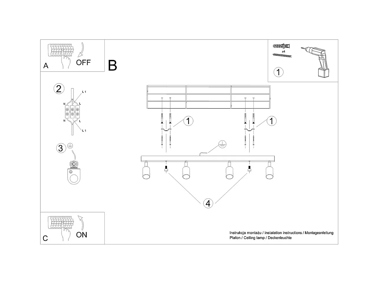 Plafondlampen Flare modern van  - 4 lichtbronnen 4000K - L.96 x H.17,5 cm - zwart hout