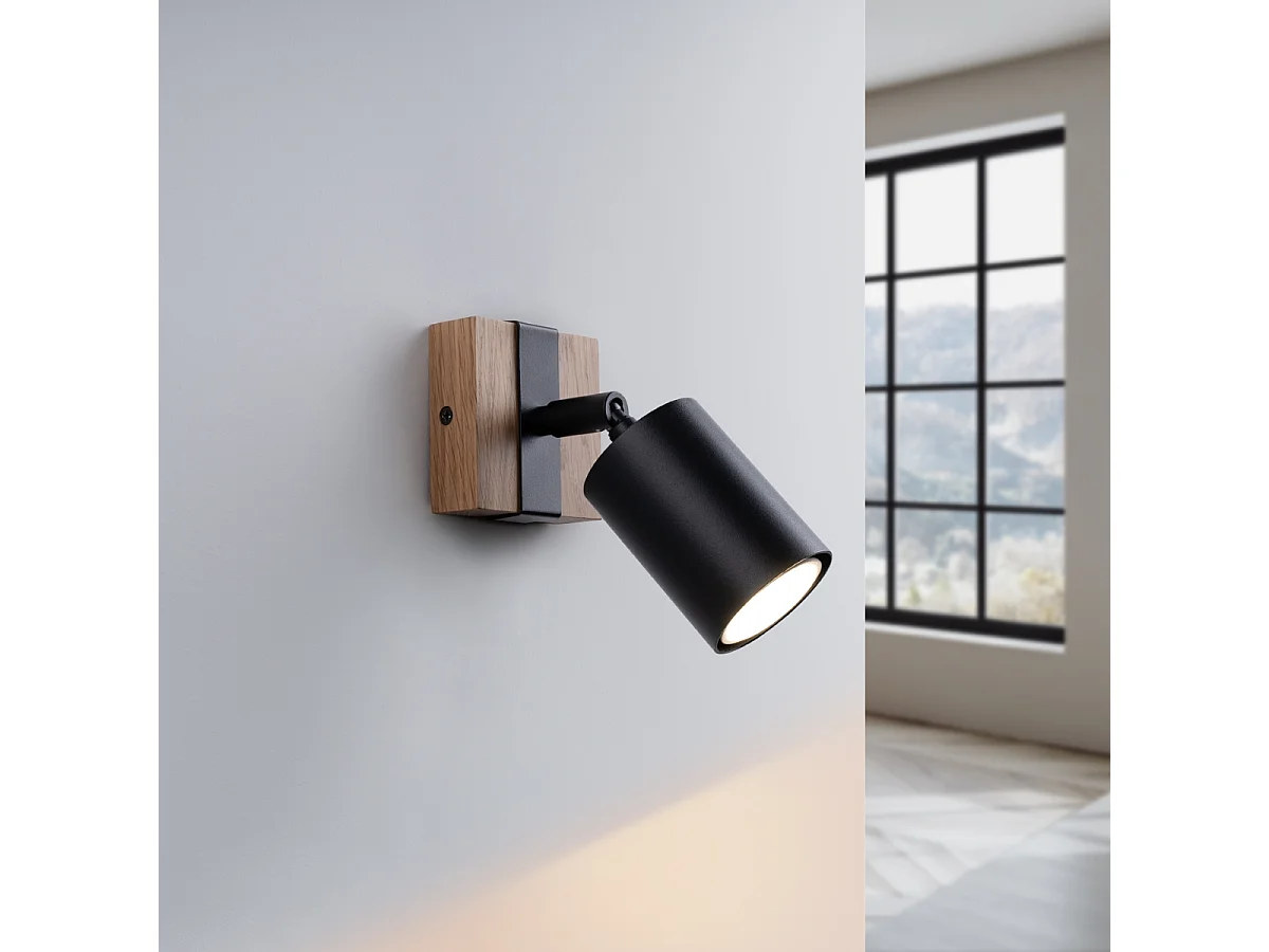 Wandlampen Zynelix Scandinavisch van  - 1 lichtbronnen 4000K - L.8 x H.13 cm - zwart/natuurlijk hout