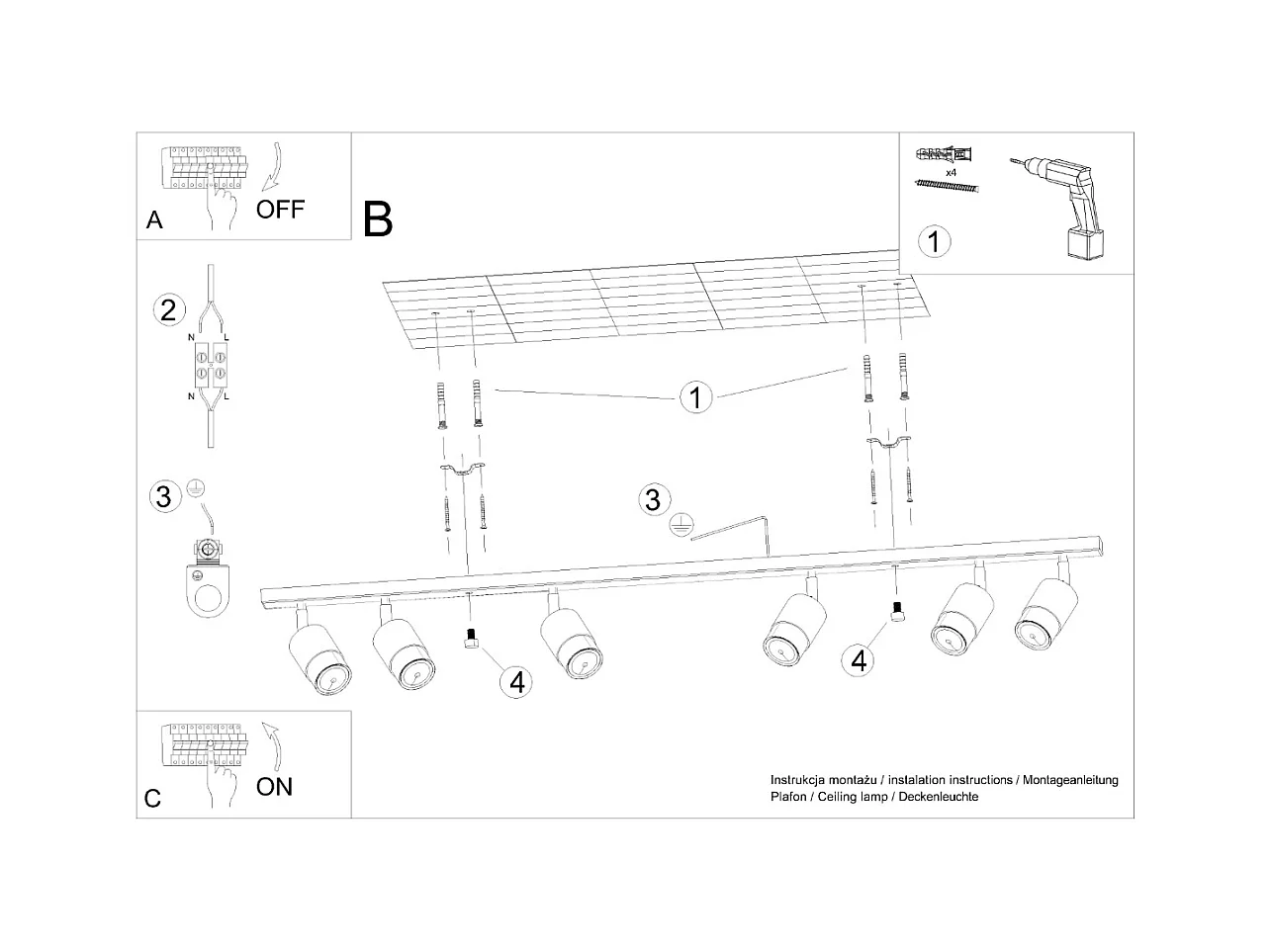 Plafondlampen Alvor modern van  - 6 lichtbronnen 4000K - L.117 x H.18 cm - zwart goud