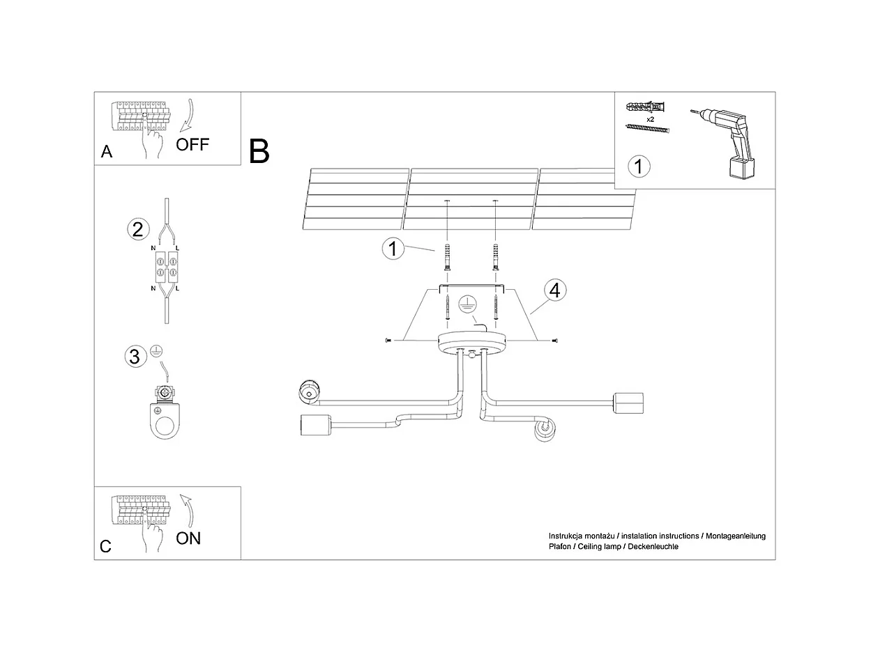 Plafondlampen Infinix industrieel van  - 4 lichtbronnen 4000K - L.78 x H.15,5 cm - zwart