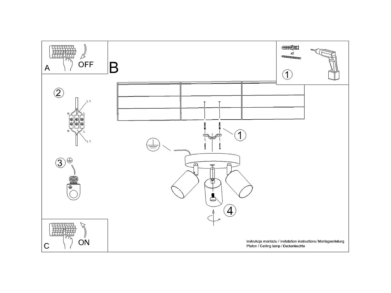 Luminárias de teto Glois moderno, aço - 3 fontes de luz 3000K - L.19.5 x H.20 cm - preto/cromado