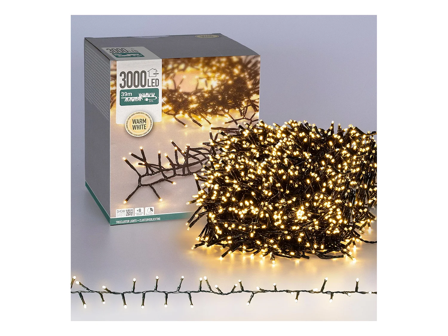 Guirlande lumineuse en grappe 39m 3000 LED blanc chaud avec minuterie éclairage 8 modes ruban sapin de noël protection ip44 usage intérieur/extérieur