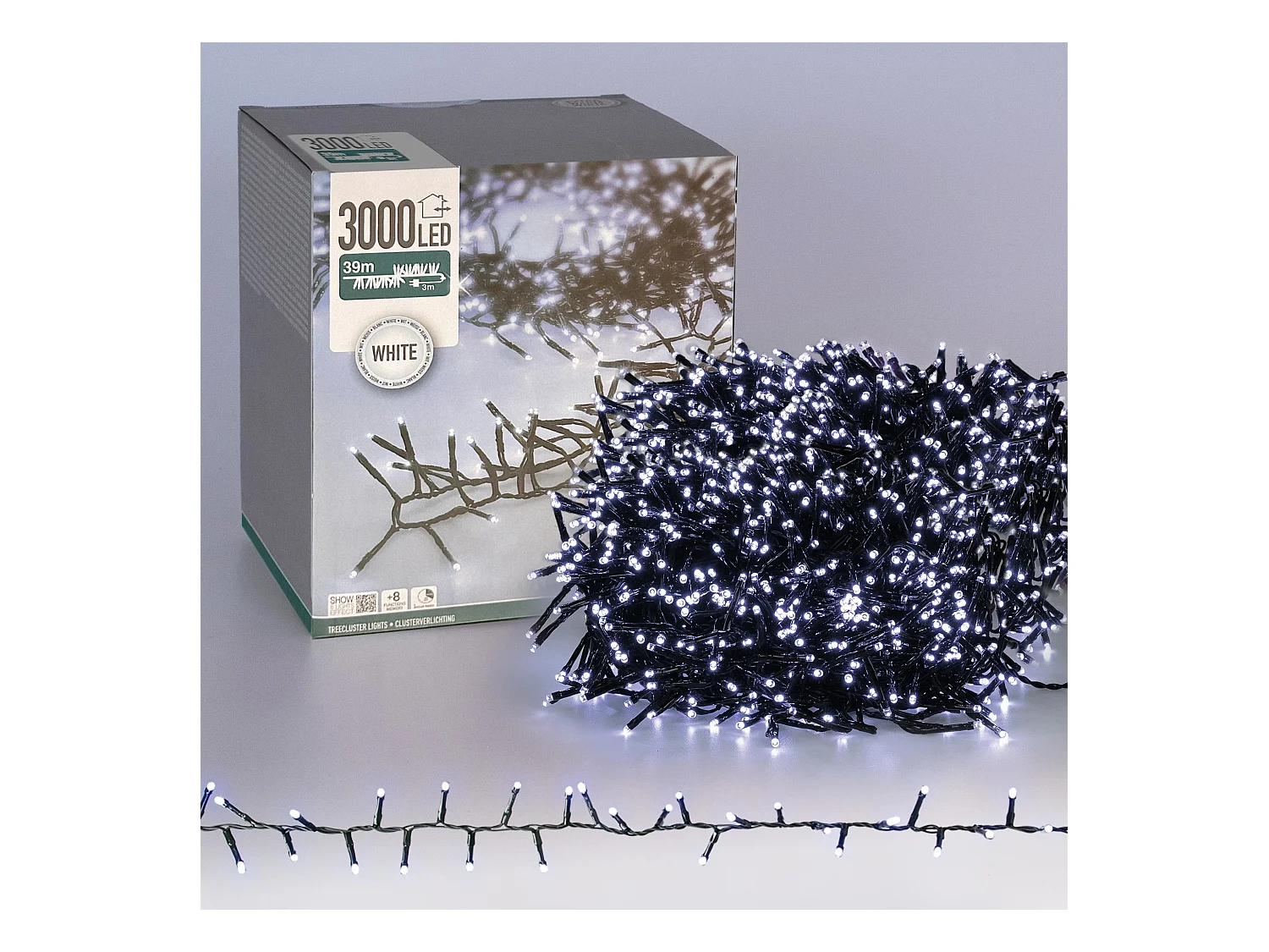 Guirlande lumineuse en grappe 39m 3000 LED blanc froid avec minuterie éclairage 8 modes ruban sapin de noël protection ip44 usage intérieur/extérieur