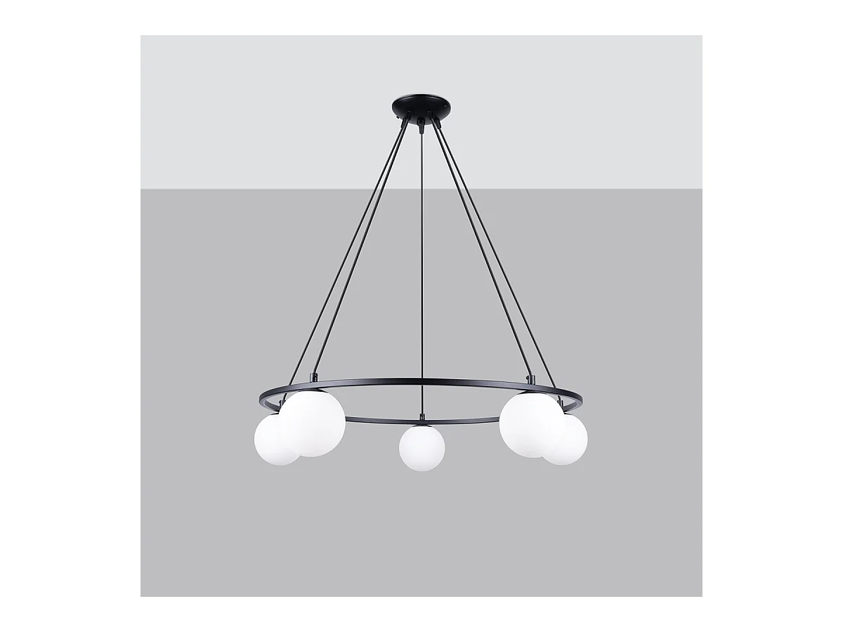 Lustres Zynfi moderno, aço/vidro - 5 fontes de luz 4000K - L.80 x H.98 cm - preto